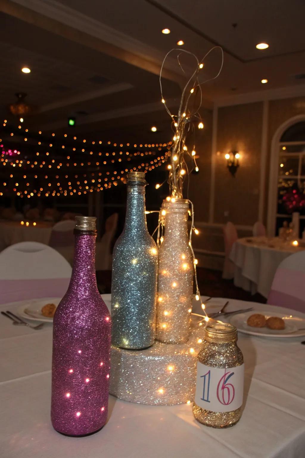 Glitter and lights create a dazzling centerpiece effect.