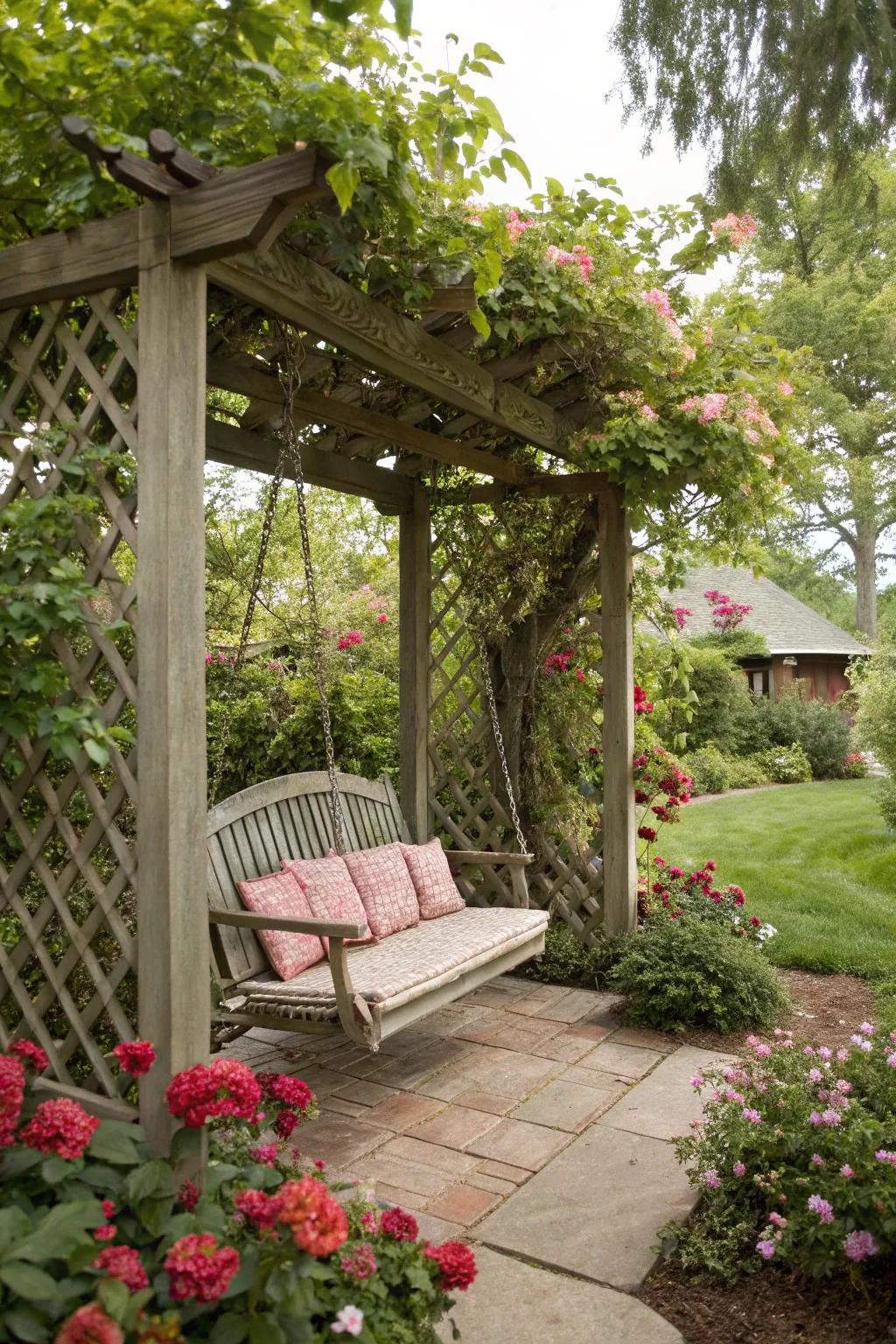 A pergola swing set creating a tranquil haven in the garden.