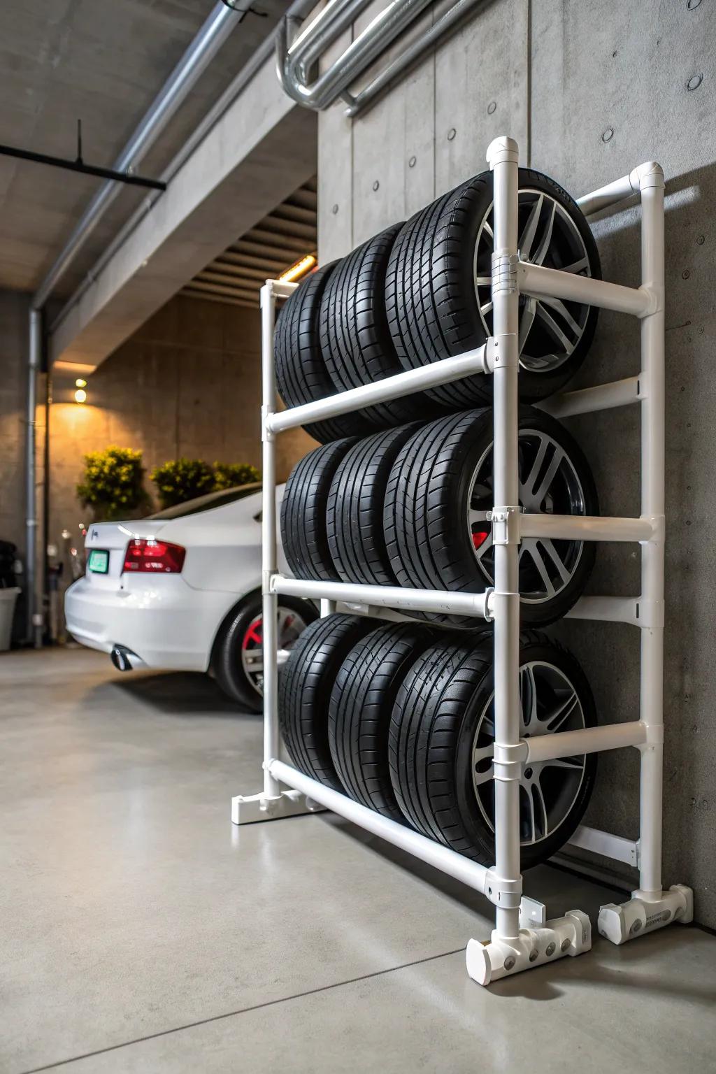 Transform your garage with a stylish and cost-effective PVC pipe tire rack.