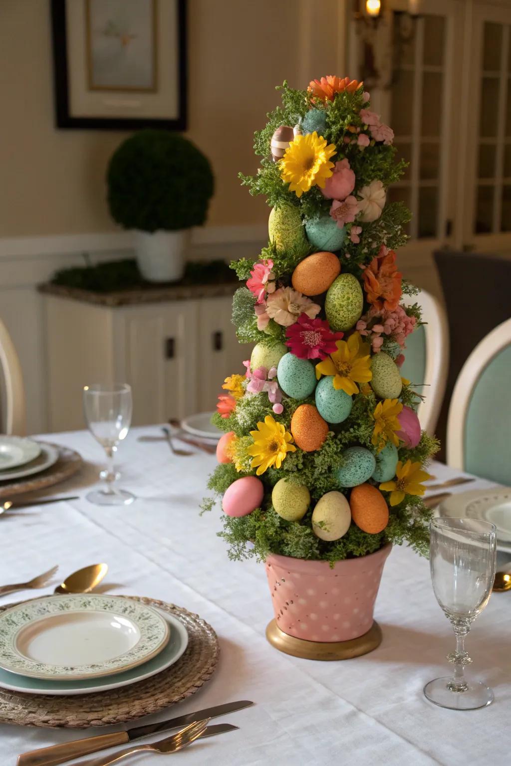 A spring egg topiary adding a festive touch to a spring-themed dining table.