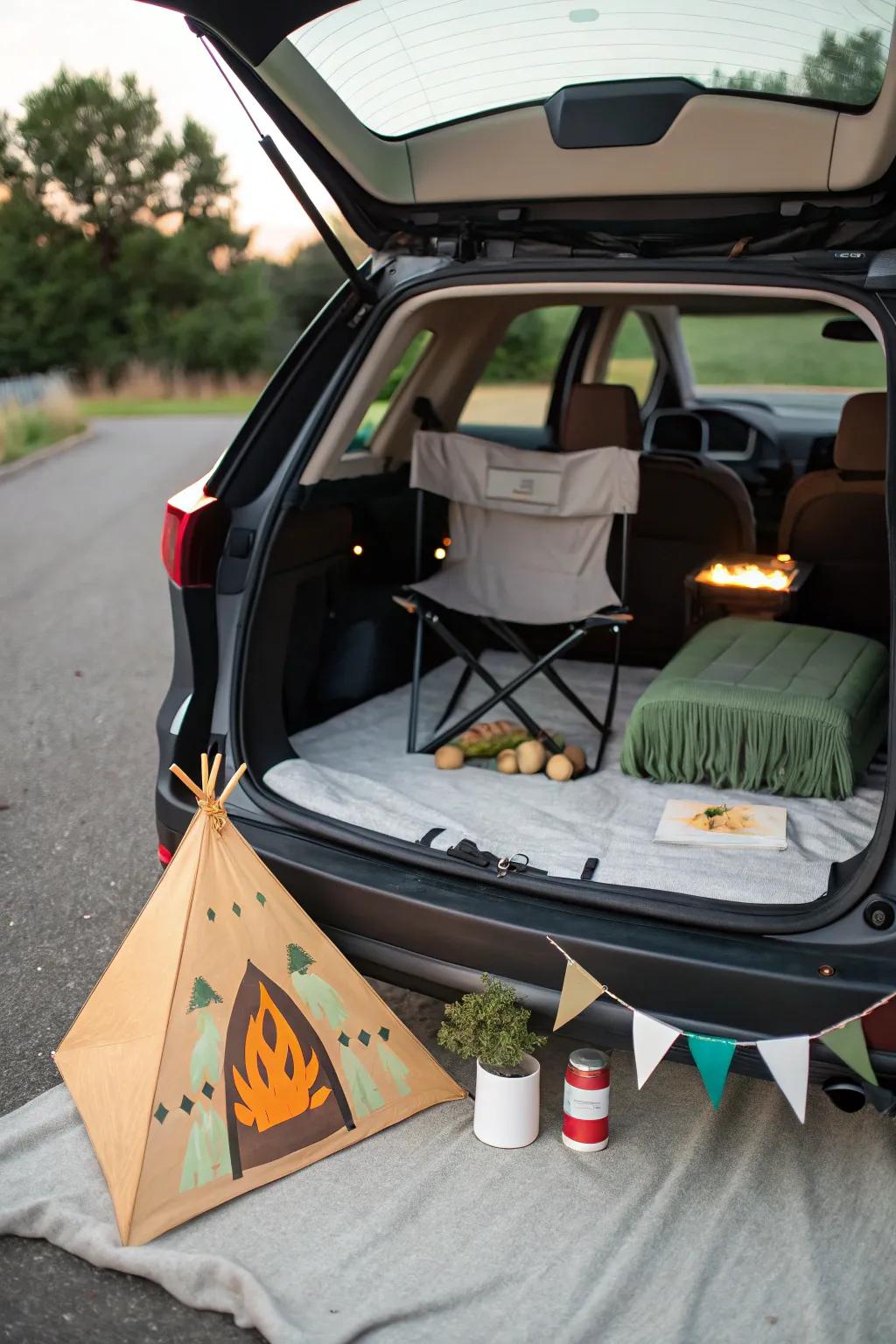 Recreate a cozy camping experience in your car trunk.