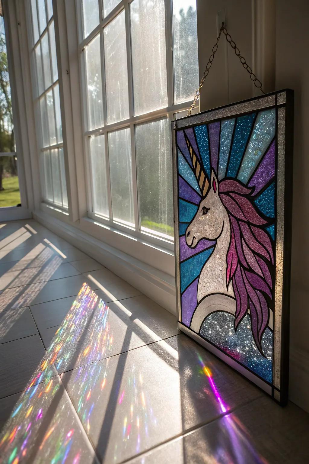 Brighten your room with unicorn stained glass art.