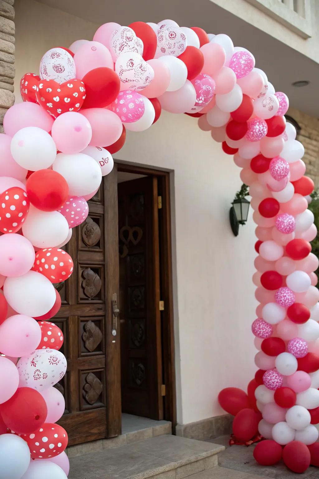 A balloon arch creates a warm and festive welcome for guests.