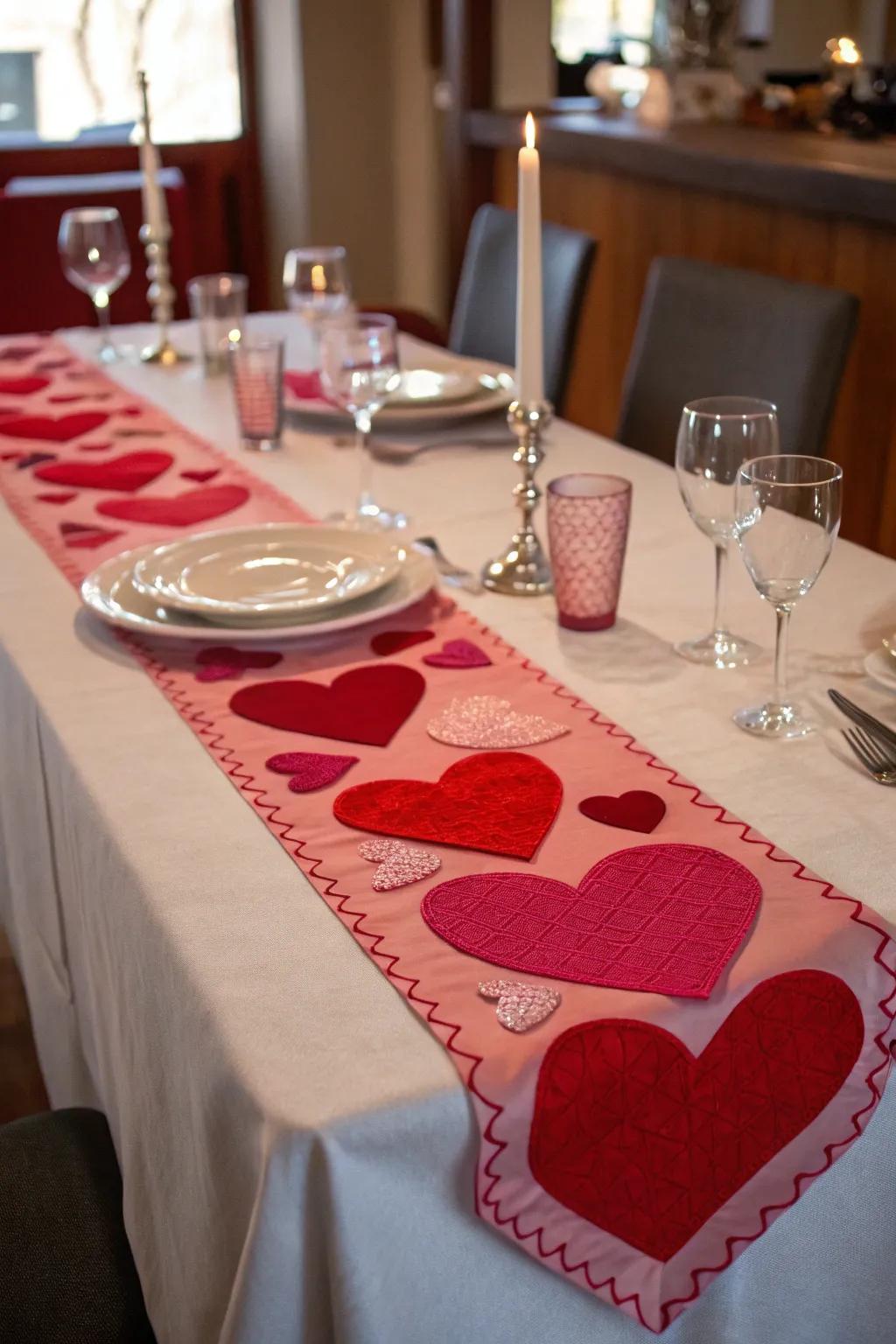 A heart table runner sets a bold and festive table scene.