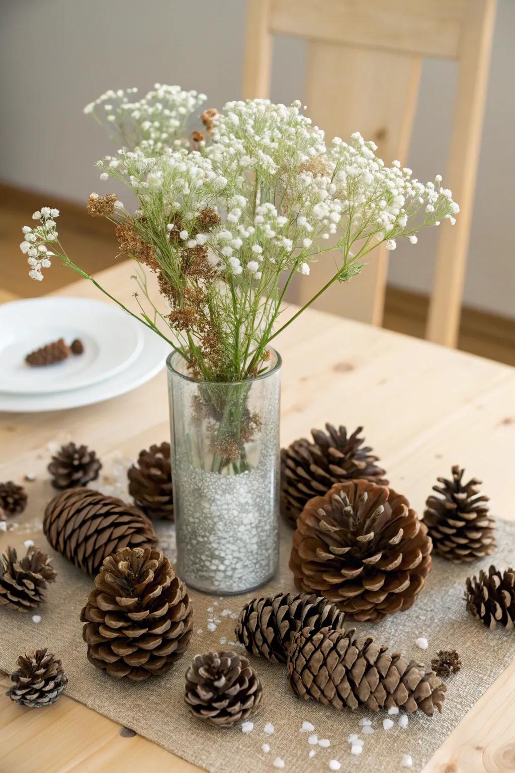 Add a touch of woodland charm to your baby shower with these elegant pinecone centerpieces.
