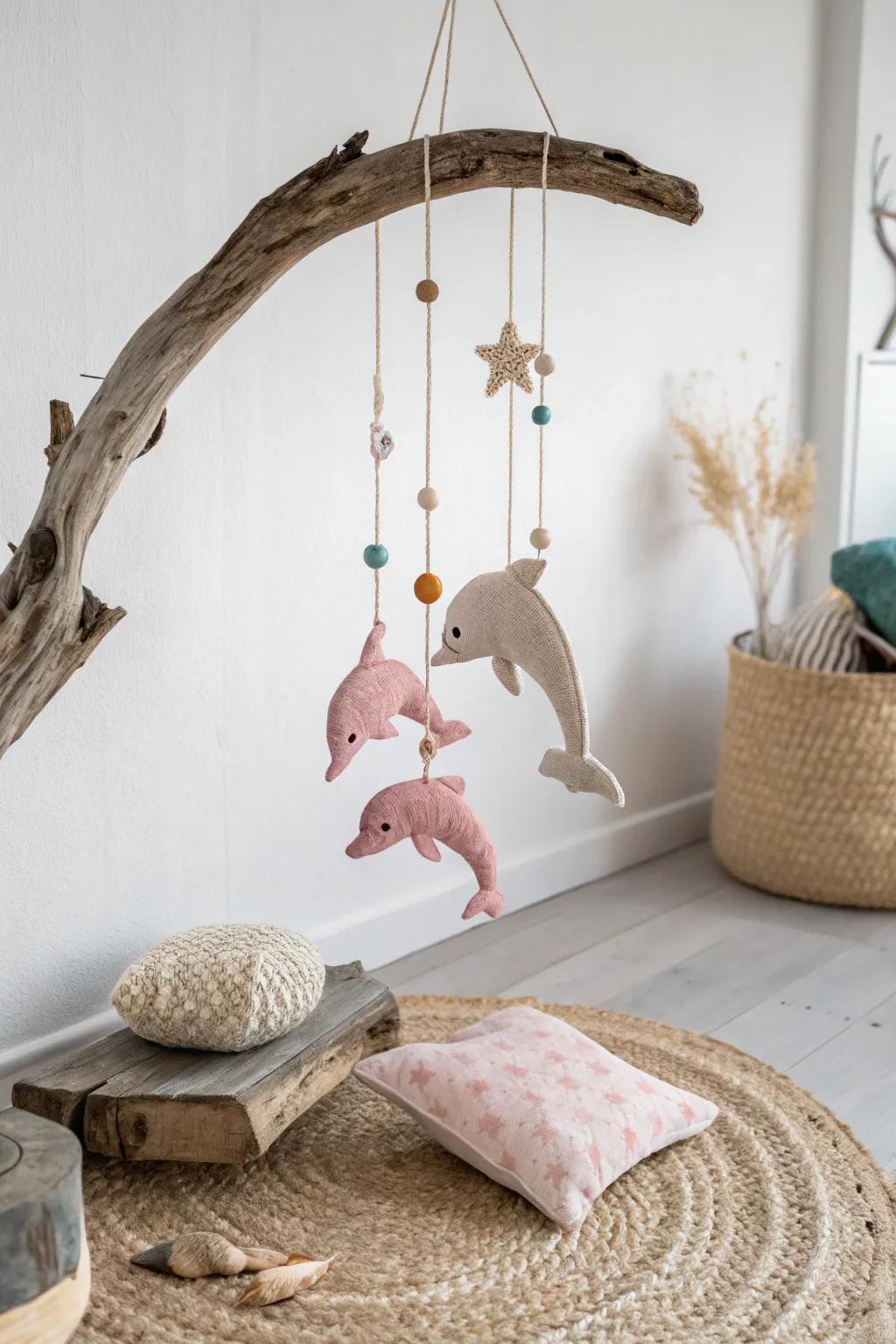 Add a splash of ocean serenity to your space with this charming dolphin mobile.
