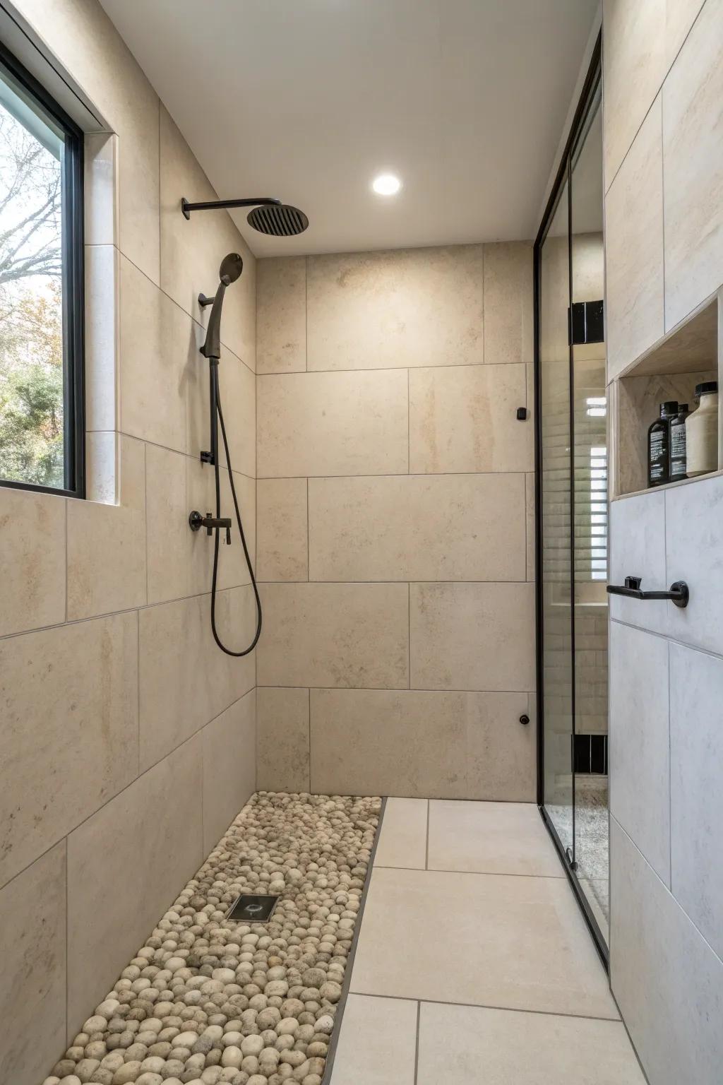 A side drain provides a seamless look in this minimalist doorless shower.