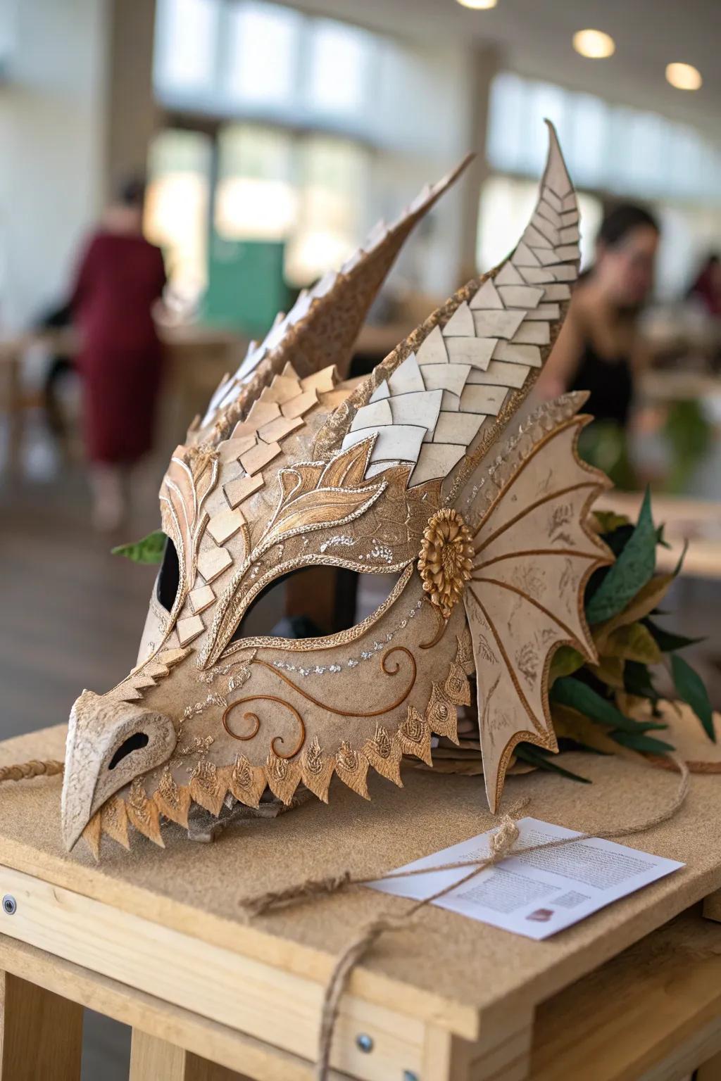 Transform old cardboard into a stunning dragon mask with a minimalist boho flair.