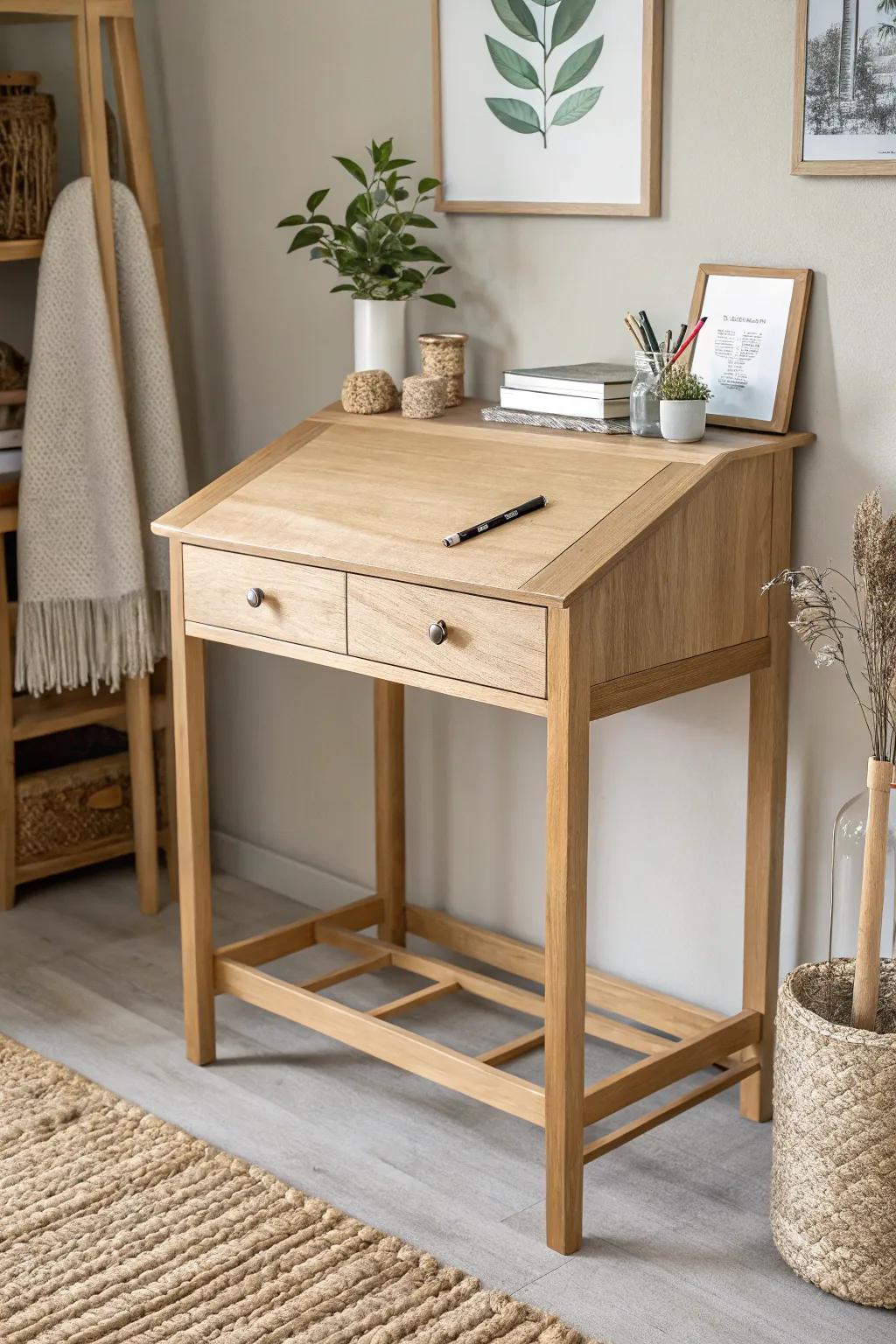 Transform your small space with a stylish, compact drawing table that blends Scandinavian minimalism and boho charm.
