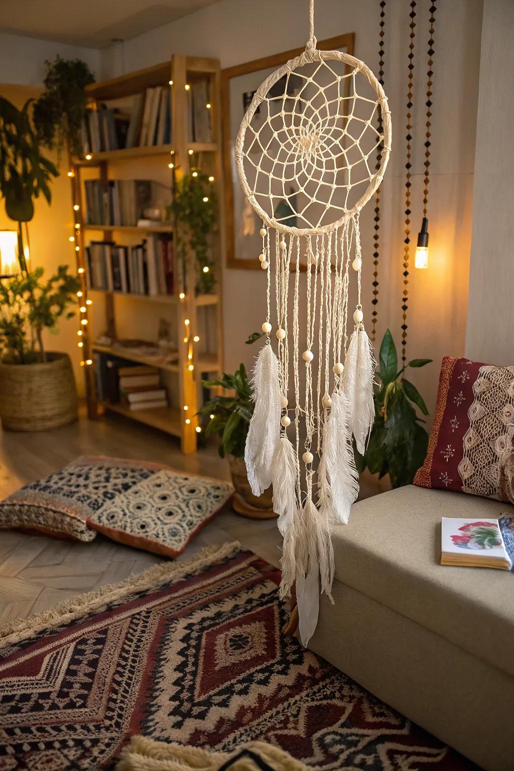 Intricate macramé knots transform this dream catcher into a sophisticated piece of art.