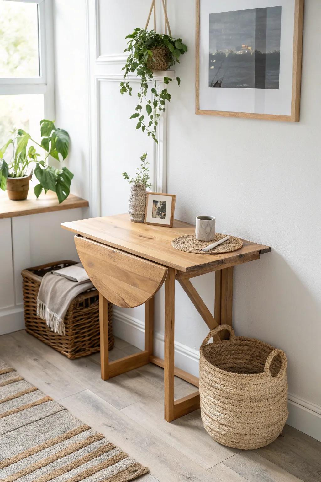Transform your space with a sleek, wall-mounted drop leaf table—where minimalist design meets boho charm.