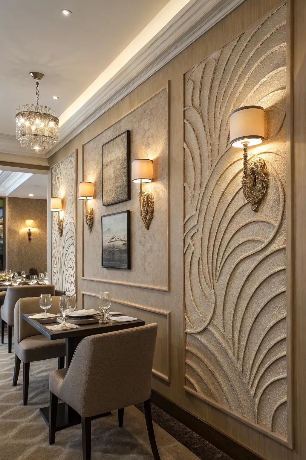 Sand swirl texture brings sophistication to dining spaces.