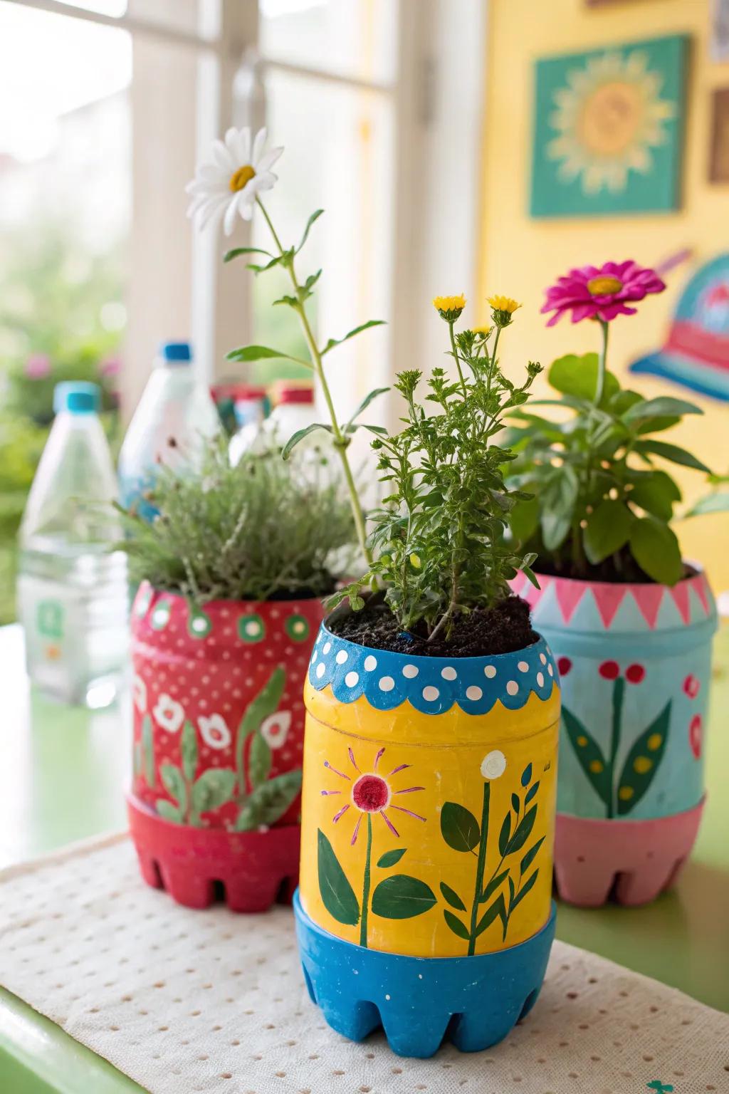 Recycle plastic bottles into charming planters for kids’ gardening projects.