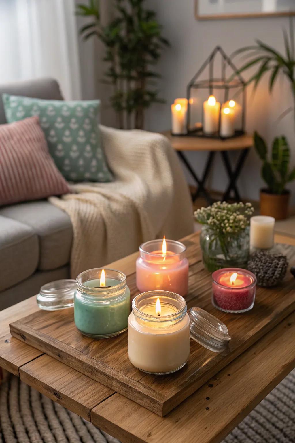 Warm and inviting eco-friendly candles bringing a cozy atmosphere to the living room.