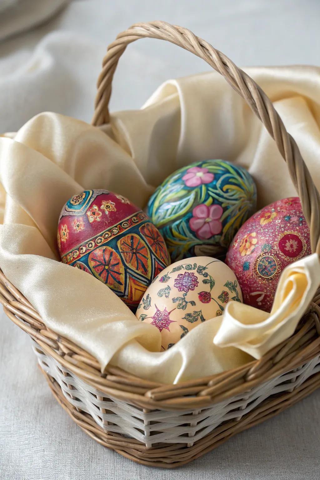 Silk-dyed eggs bring vibrant patterns to your Easter display.