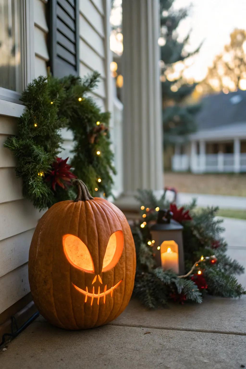 A three-eyed alien pumpkin watching over the neighborhood.