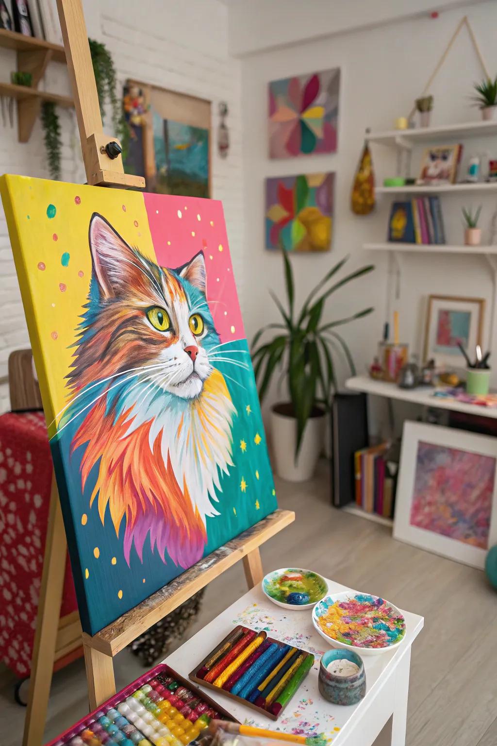 Add a splash of whimsy to your decor with a colorful cat painting.