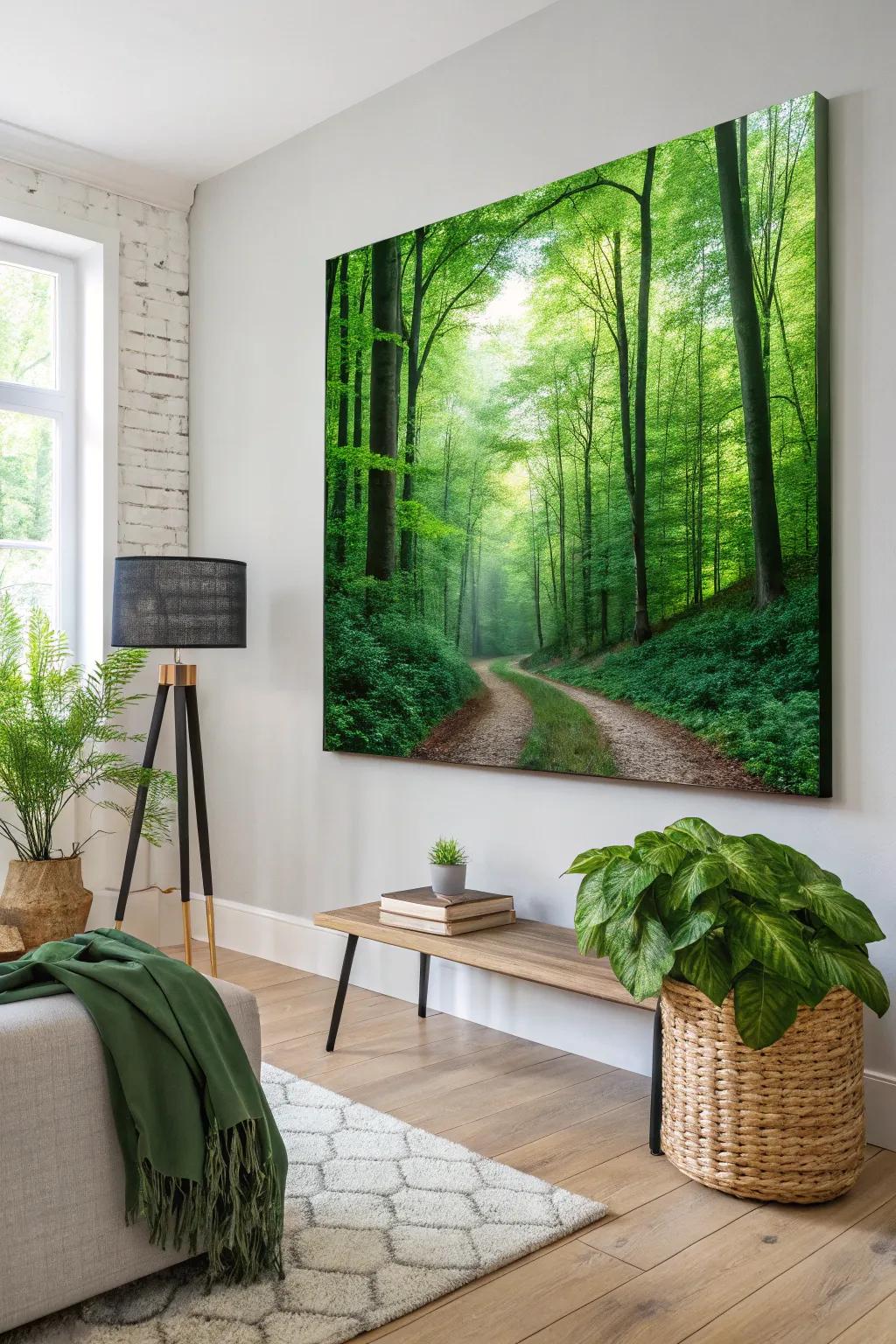 Bring the lushness of the forest indoors with an emerald forest painting.