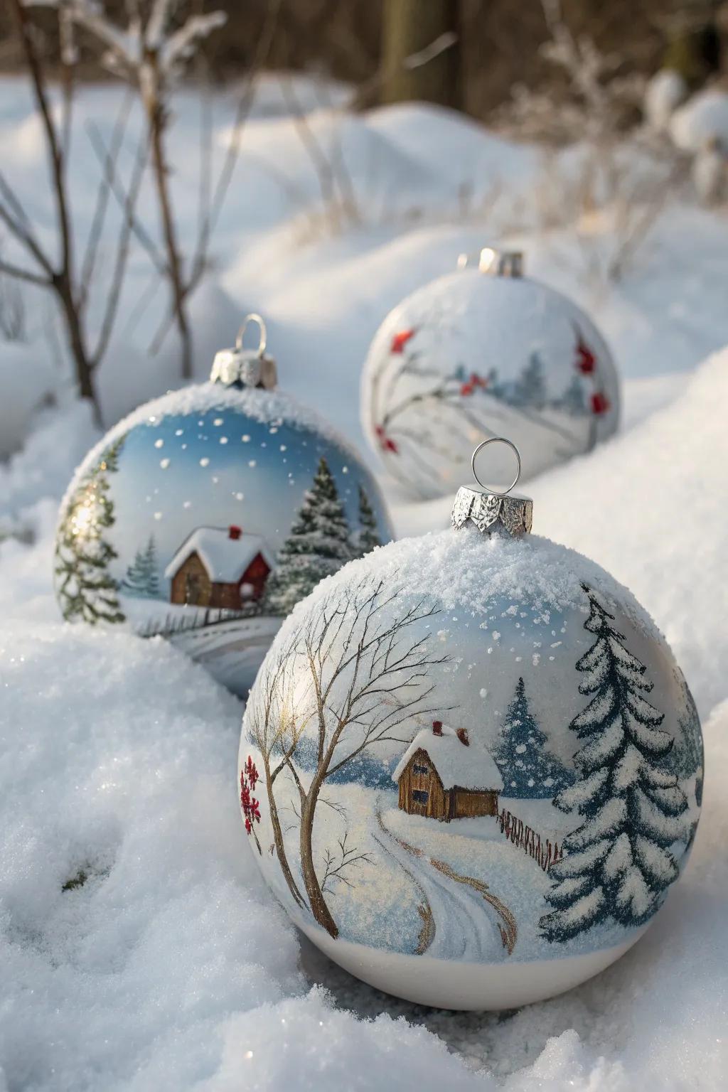 Winter wonderland ornaments evoke the peaceful beauty of snowy landscapes.