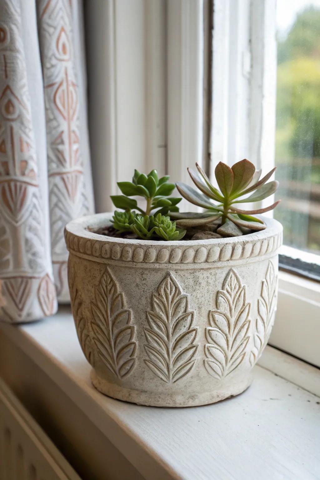 Plaster planters with carved designs house your favorite plants.