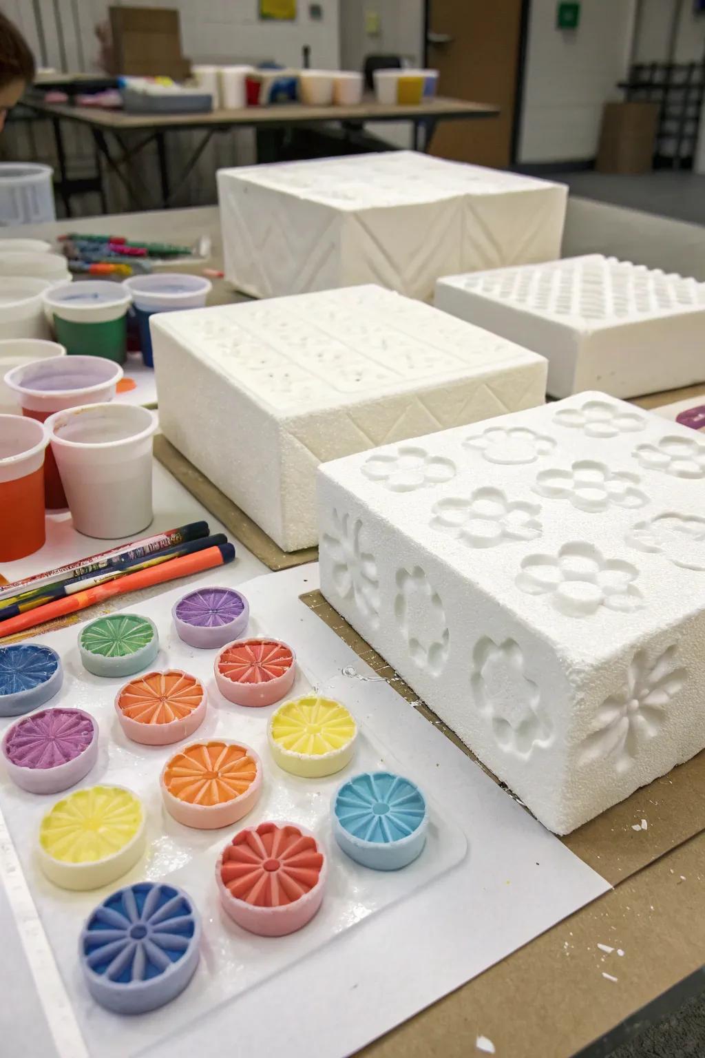 Styrofoam blocks offer endless stamping possibilities with minimal effort.