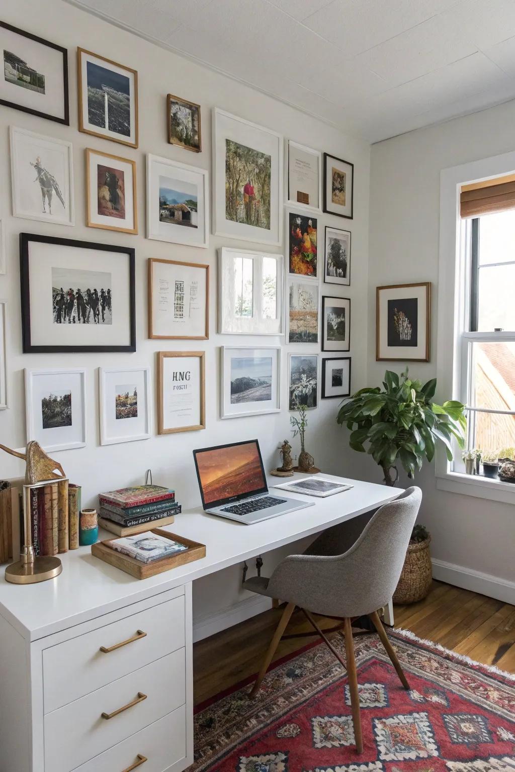 A gallery wall adds personality and intrigue to this eclectic home office.