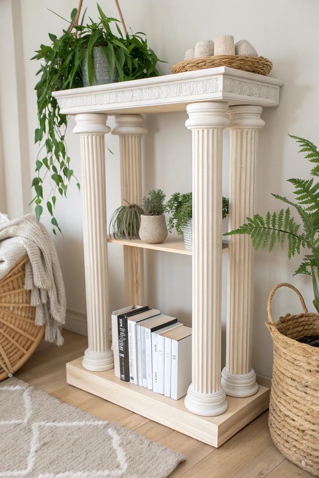 Bring a touch of ancient elegance to your home with this stunning temple-inspired shelf, perfect for showcasing your favorite books and plants.