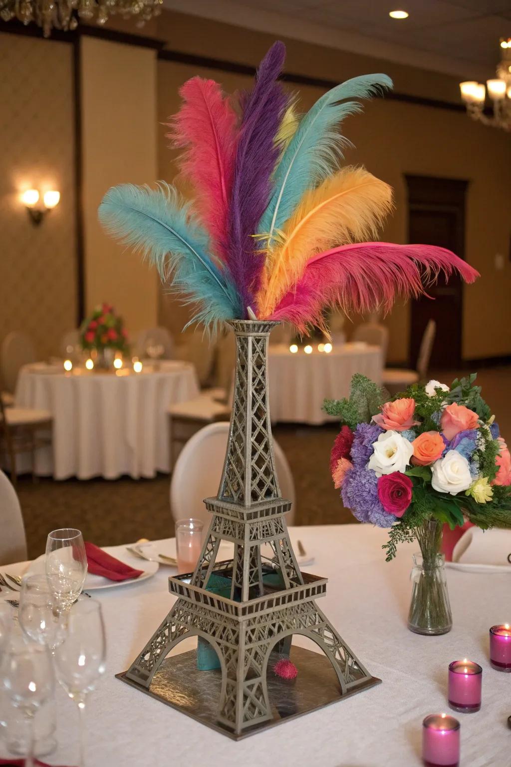 Feathers in a vase create a glamorous and playful centerpiece.