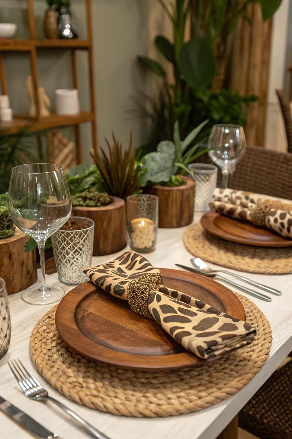 Safari-inspired place settings add a playful touch to your decor.