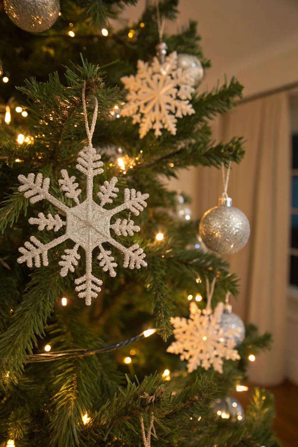 Textured ornaments like snowflakes add visual interest.