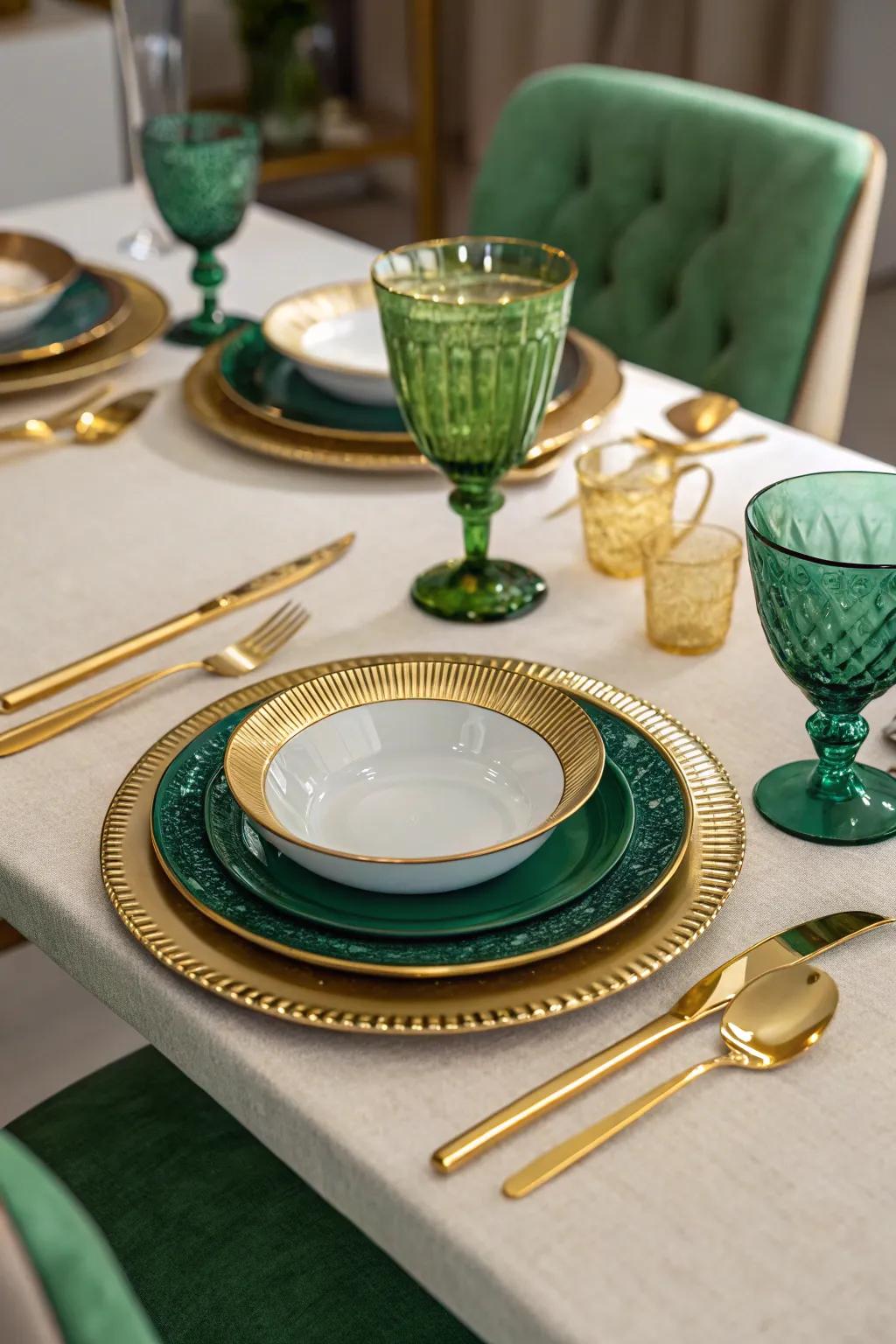 A dining table elegantly set with emerald green and gold tableware.