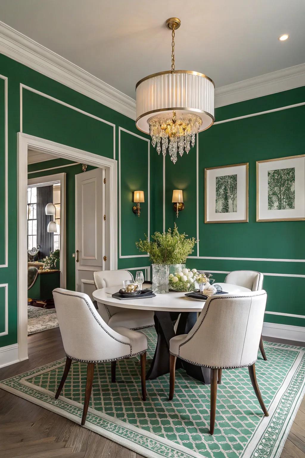 Emerald green and white create a classic and timeless dining space.