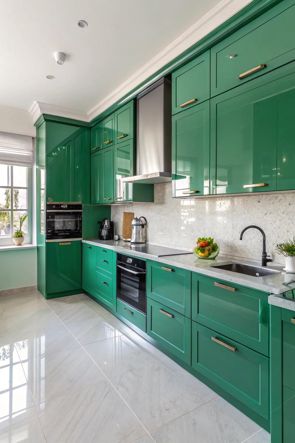 A sleek and modern kitchen with glossy emerald green surfaces.