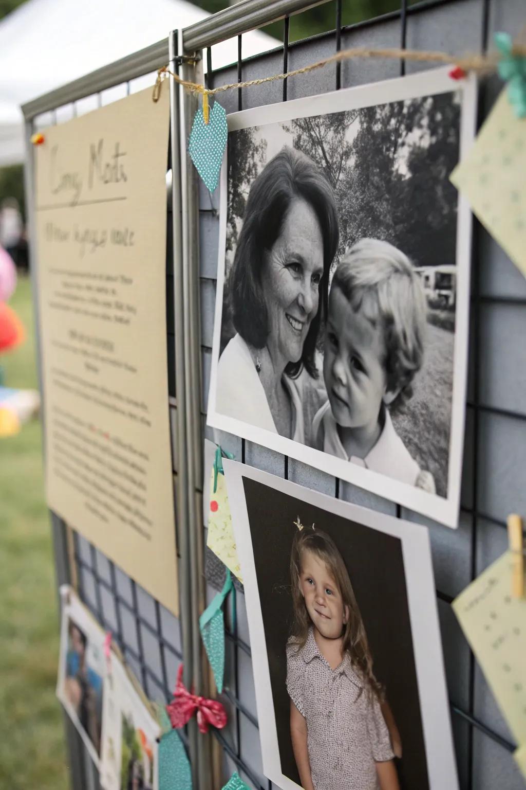 A bulletin board celebrating family highlights in black and white.