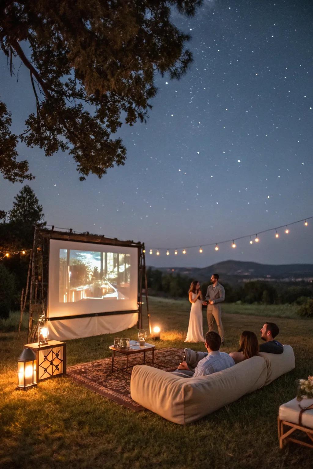 Enjoy a romantic movie night under the stars for a cozy engagement party.