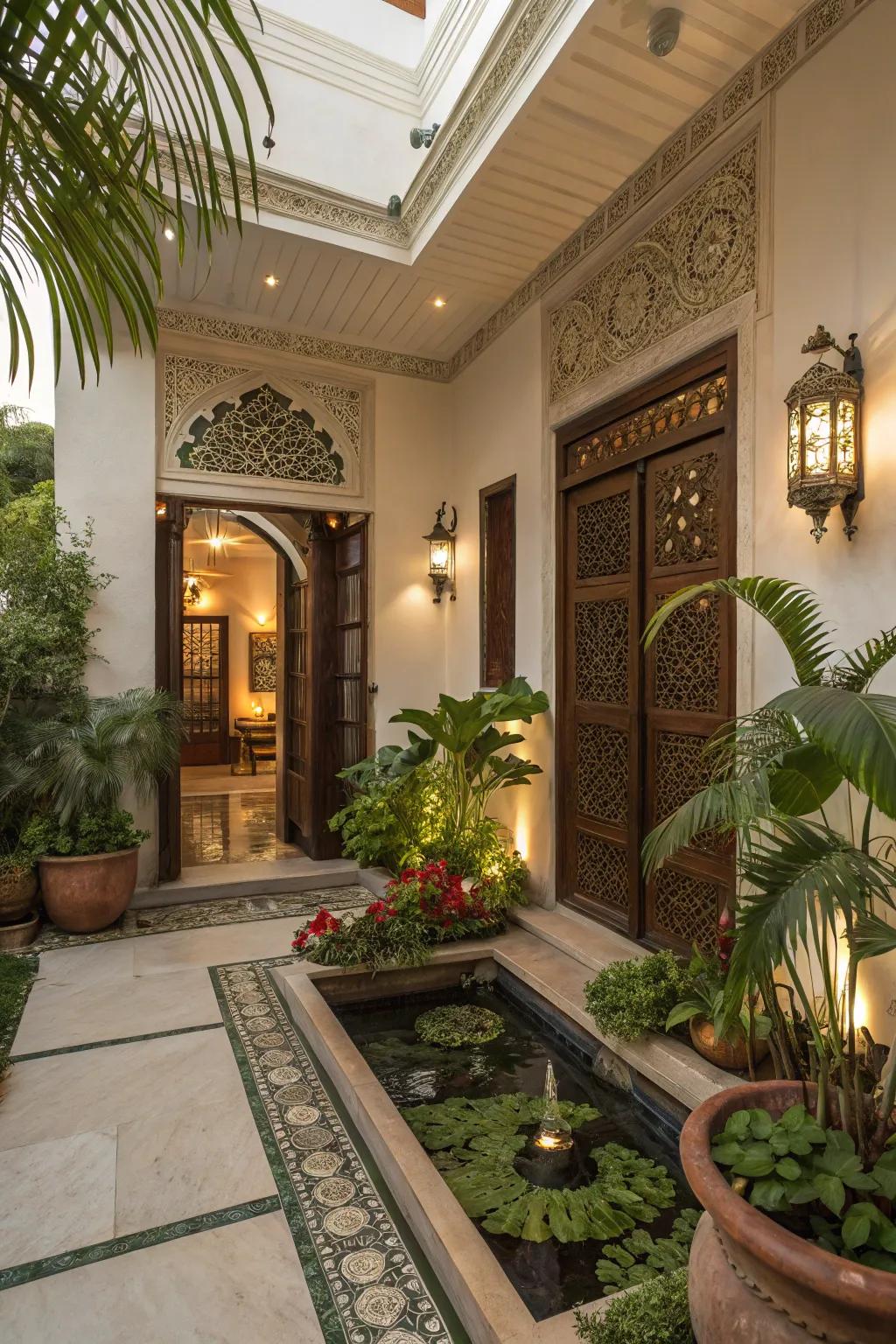 Greenery and water elements adding tranquility to the entrance.