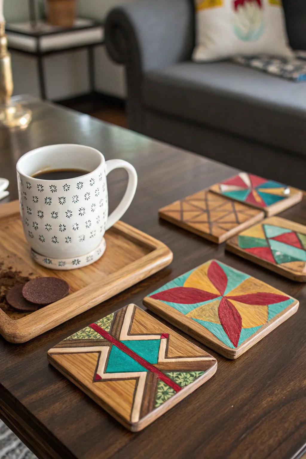 Colorful epoxy inlay coasters, perfect for adding character to your table.