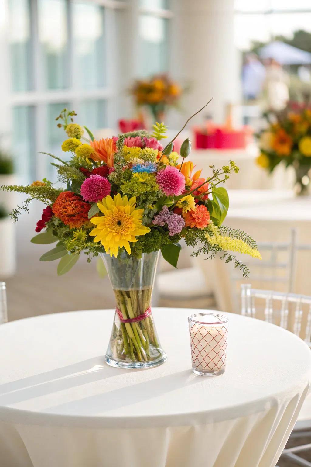 Cocktail table adorned with fresh seasonal flowers.