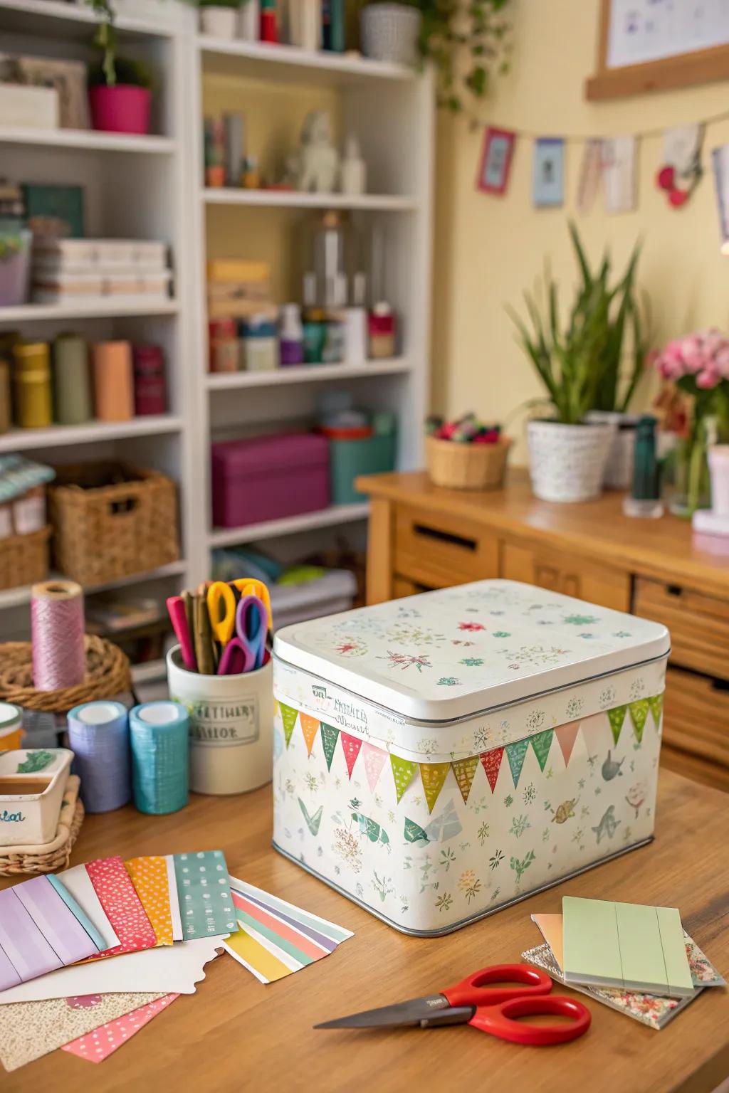 A whimsical tin suggestion box in a craft room.