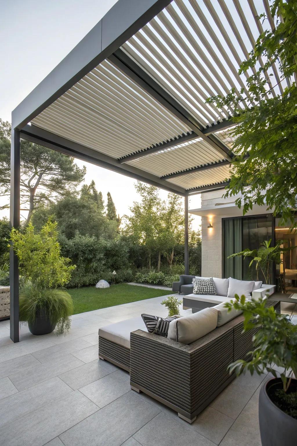 A louvered roof offers an adaptable solution for varying weather conditions.