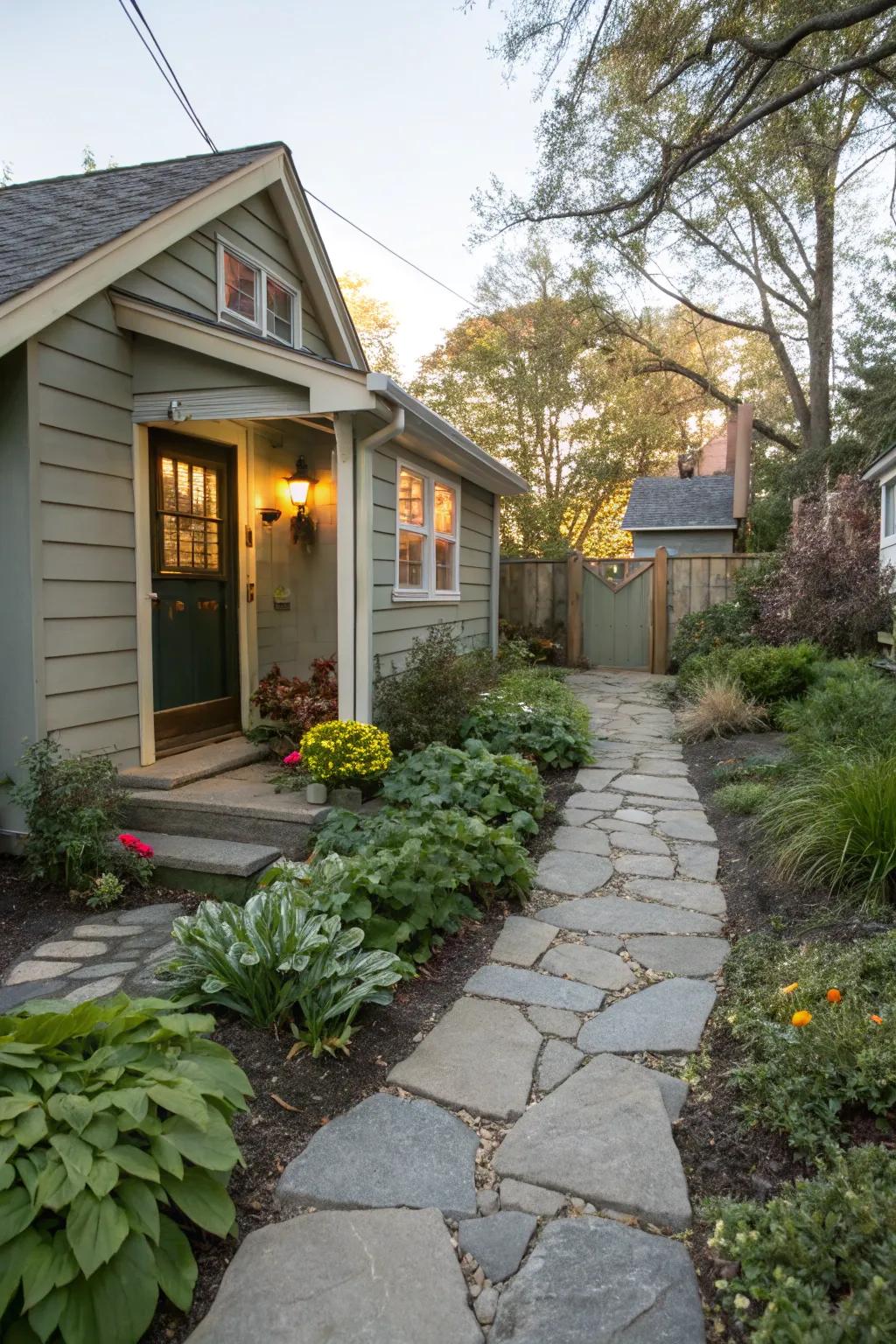 A stone walkway adds charm and structure to the entrance.