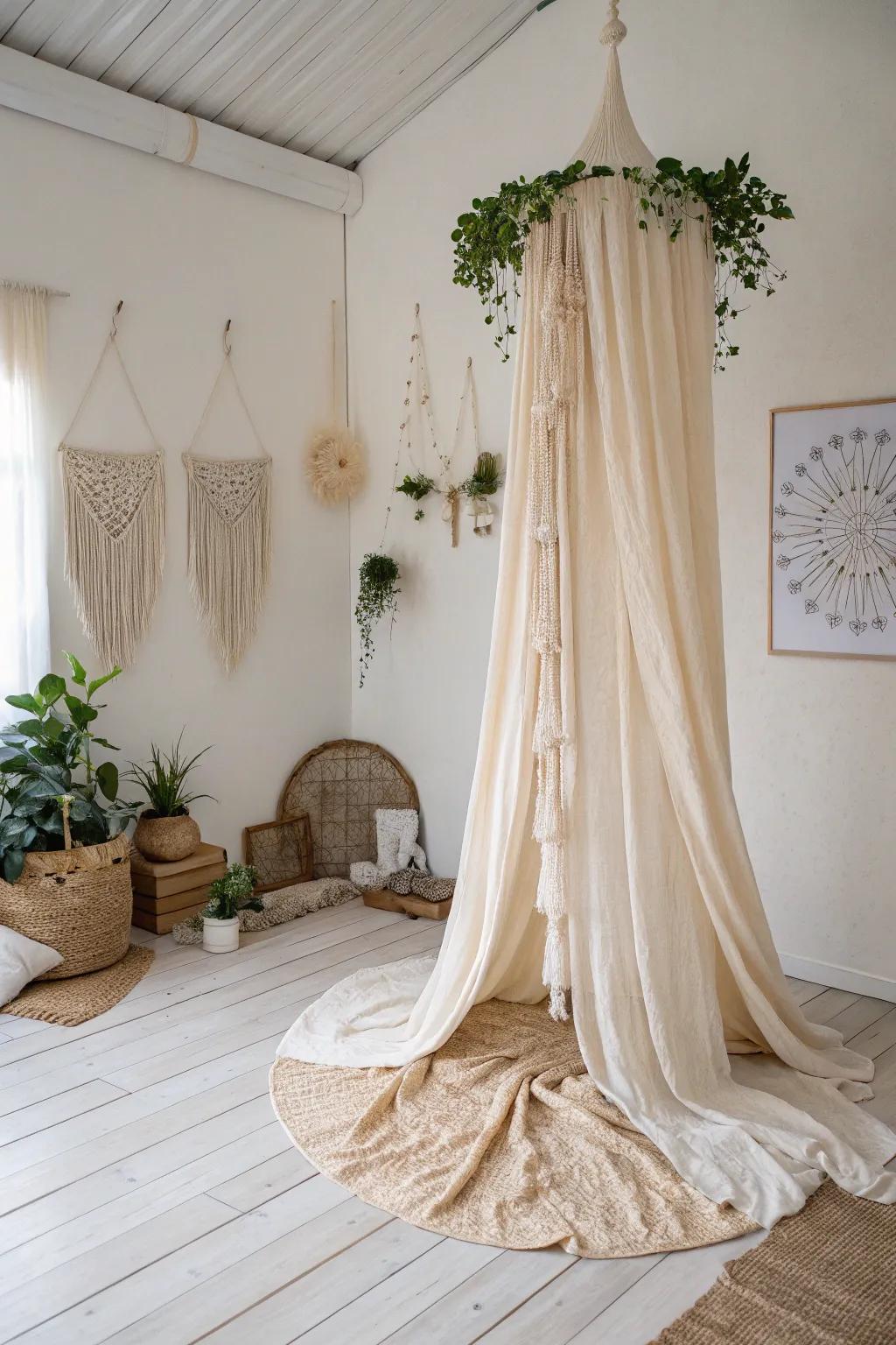 Transform your space with a cascading fabric sculpture—where minimalism meets natural beauty.