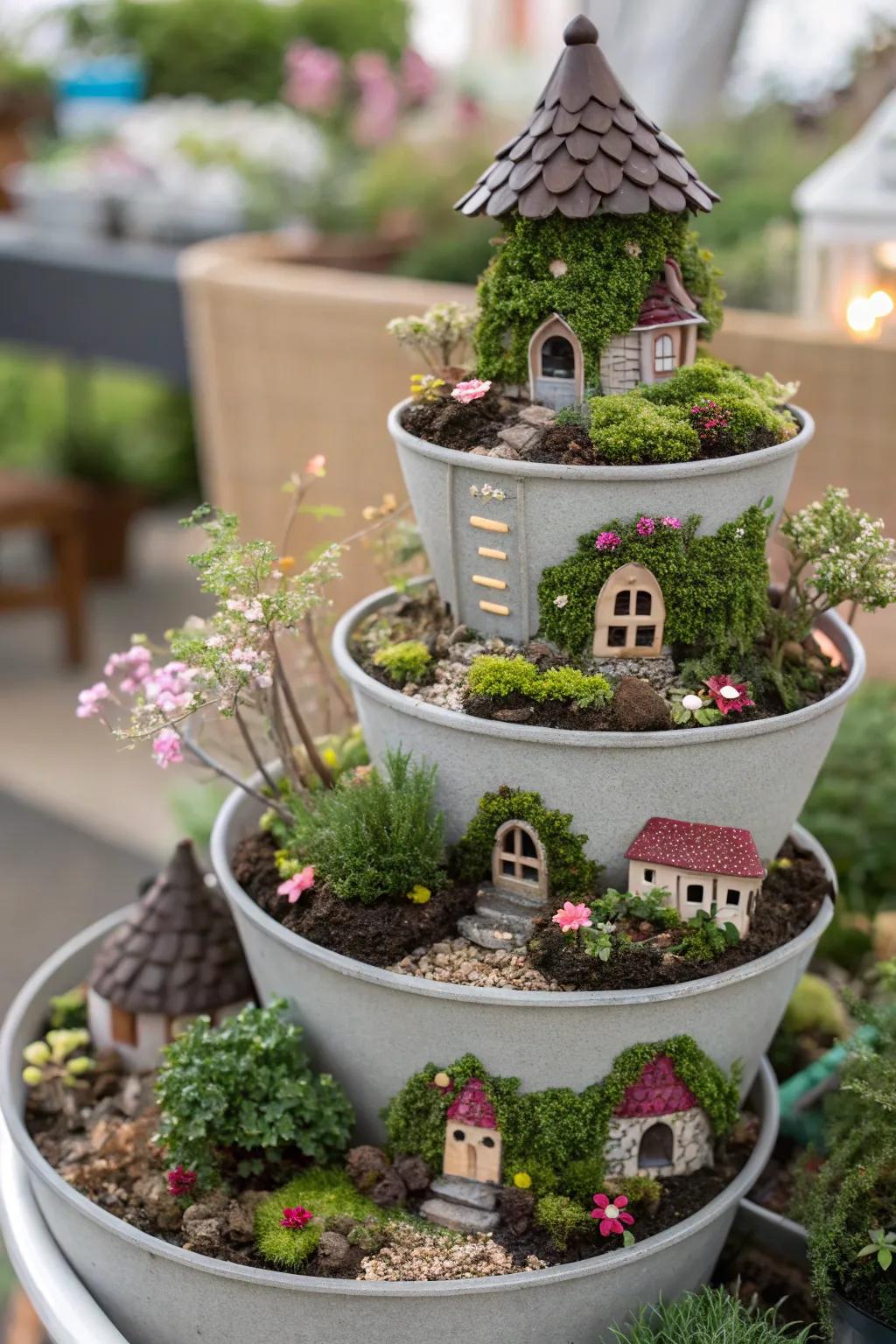 A tiered planter village creates a dynamic fairy garden landscape.