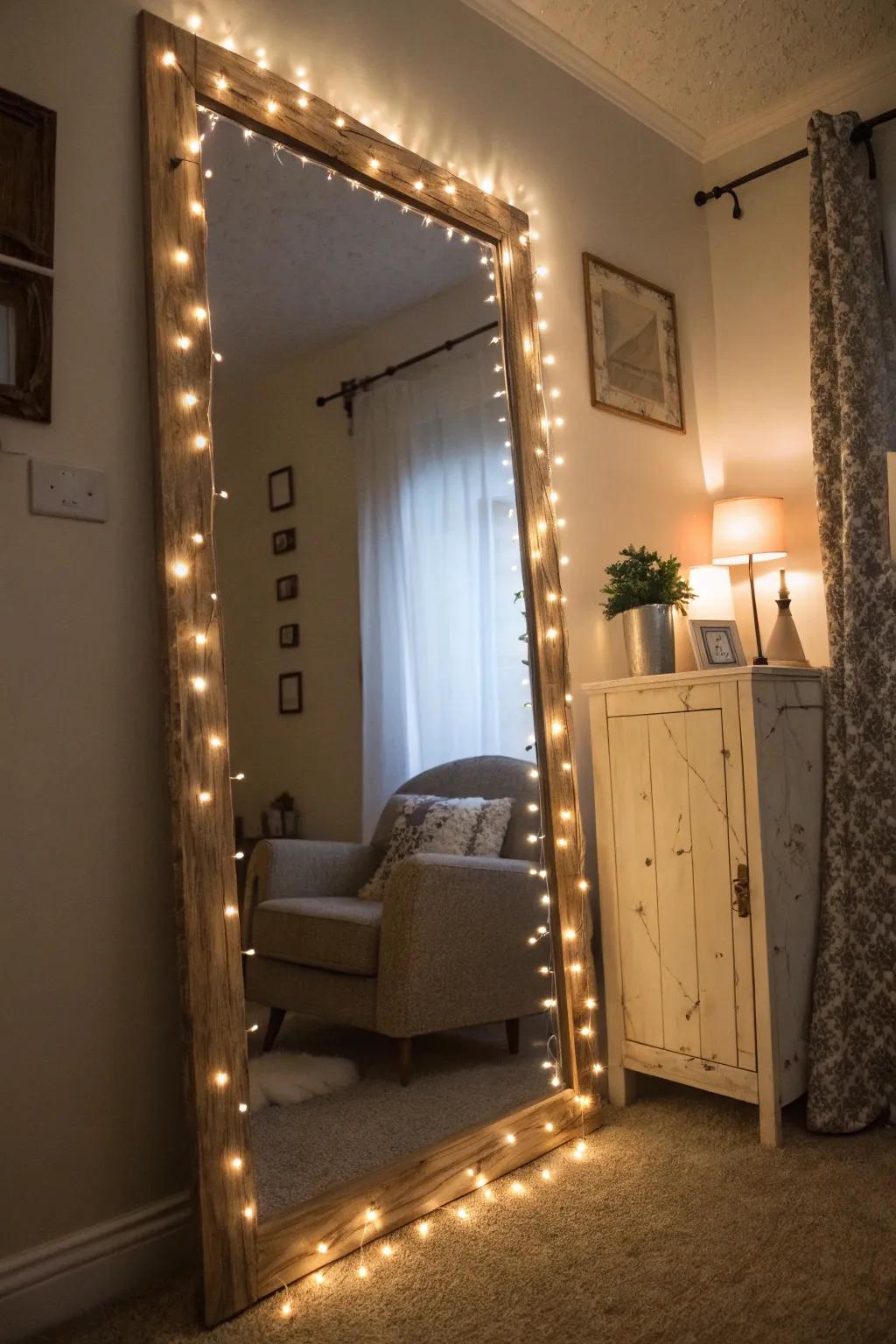 A mirror elegantly framed with fairy lights, enhancing the room's ambiance.