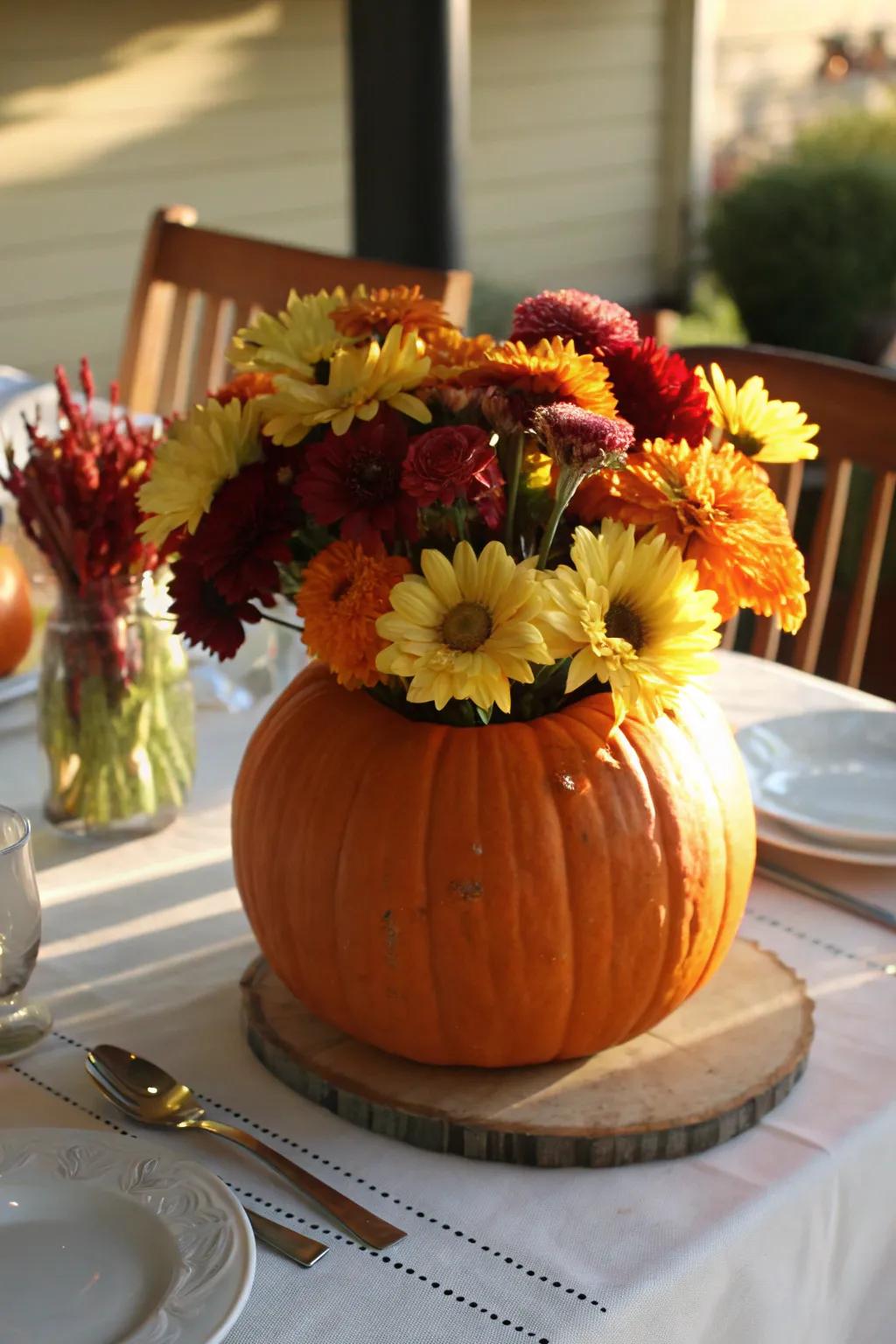 A pumpkin vase adds a festive touch to a fall-themed table setting.