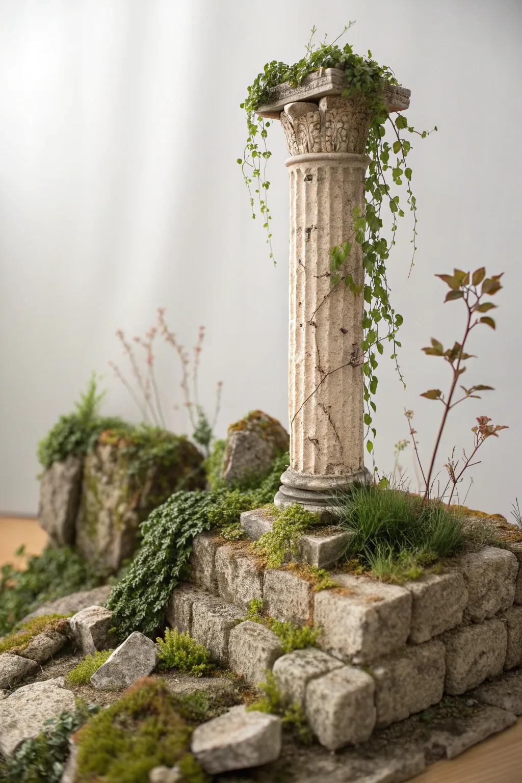 Discover the timeless allure of ancient ruins in miniature form, where nature and history entwine beautifully.
