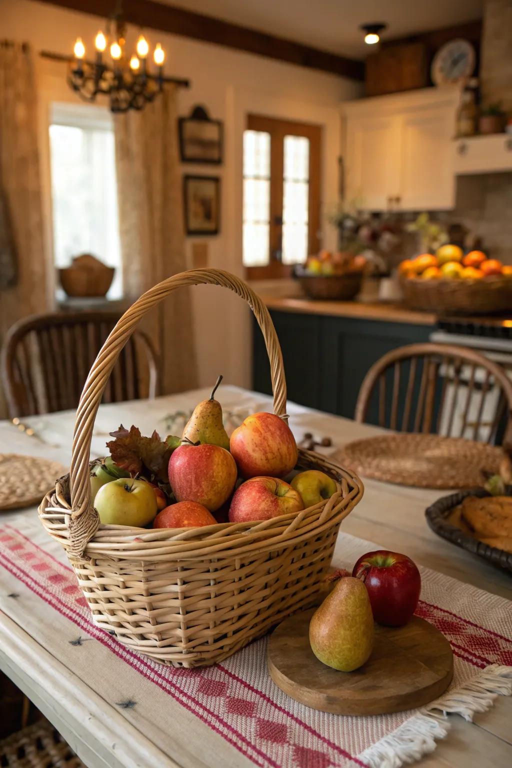 A seasonal fruit basket brings the harvest season into your farmhouse decor.