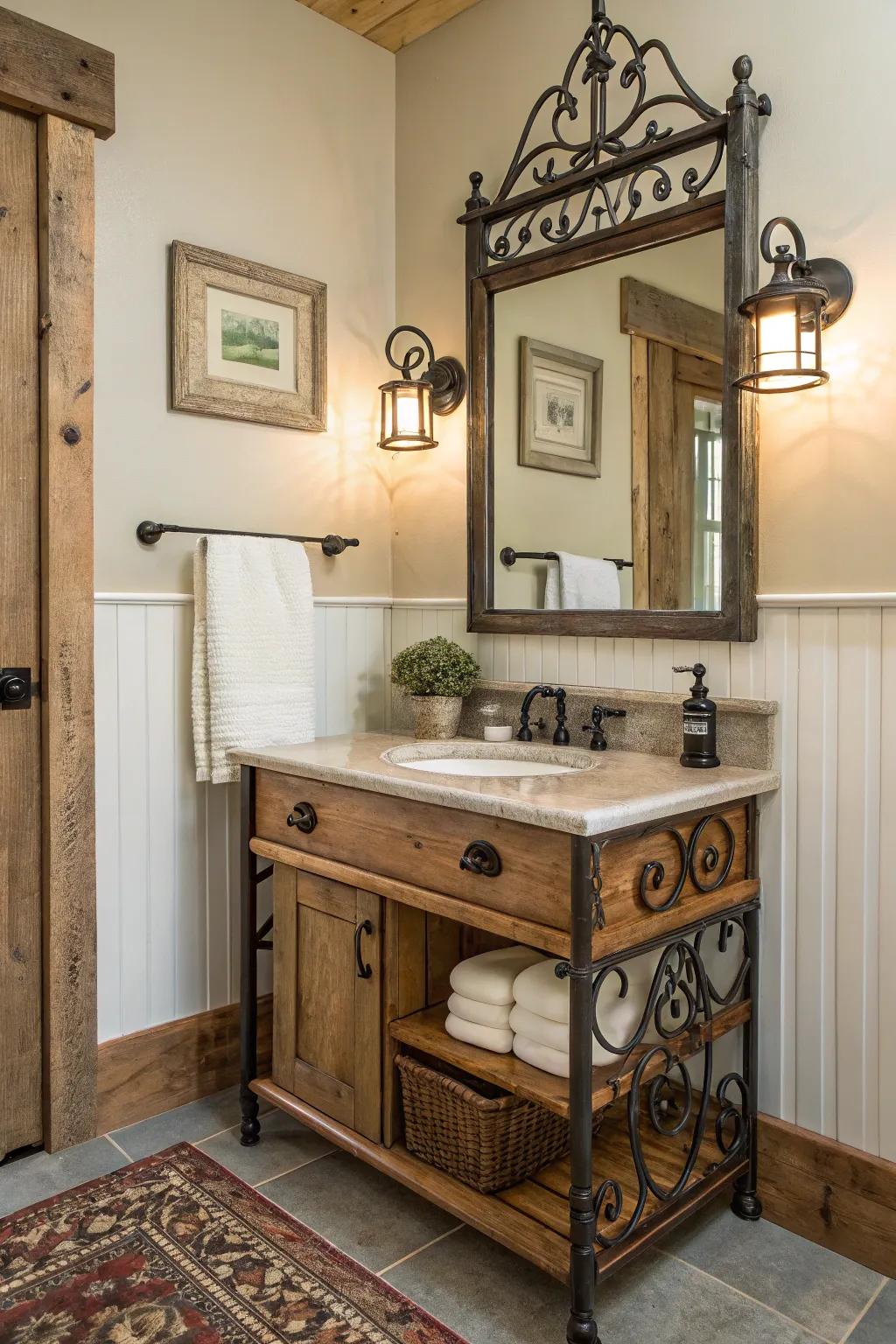 A farmhouse bathroom featuring wrought iron accents and a warm wooden vanity.