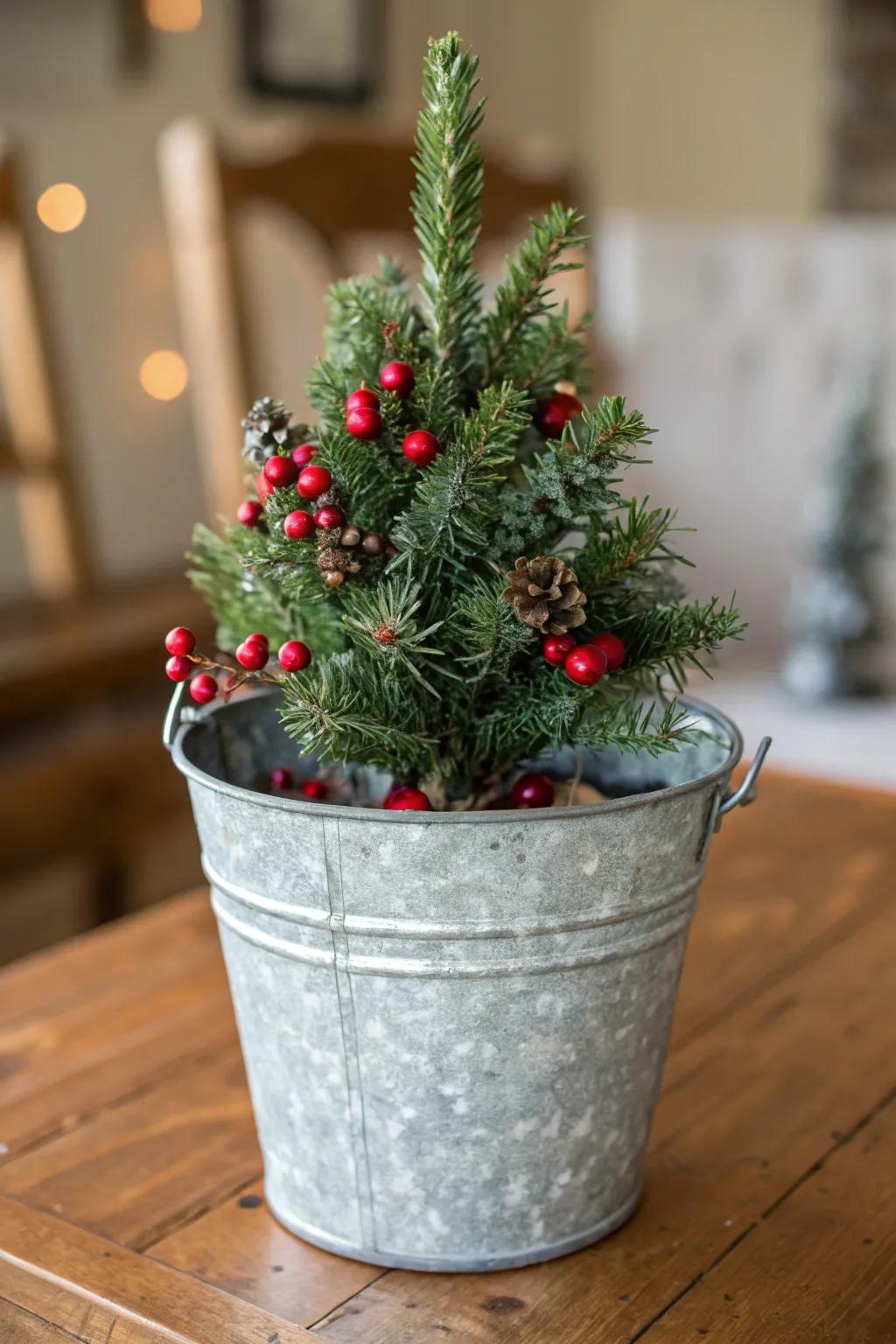 Galvanized metal bucket adds a rustic touch to farmhouse decor.