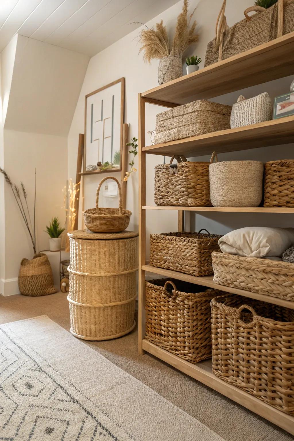 Woven baskets bring texture and functionality to farmhouse spaces.